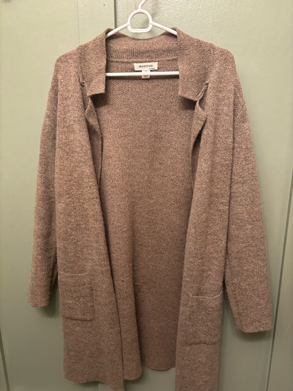 Monteau Cozy Open-Front Long Cardigan in Taupe Brown